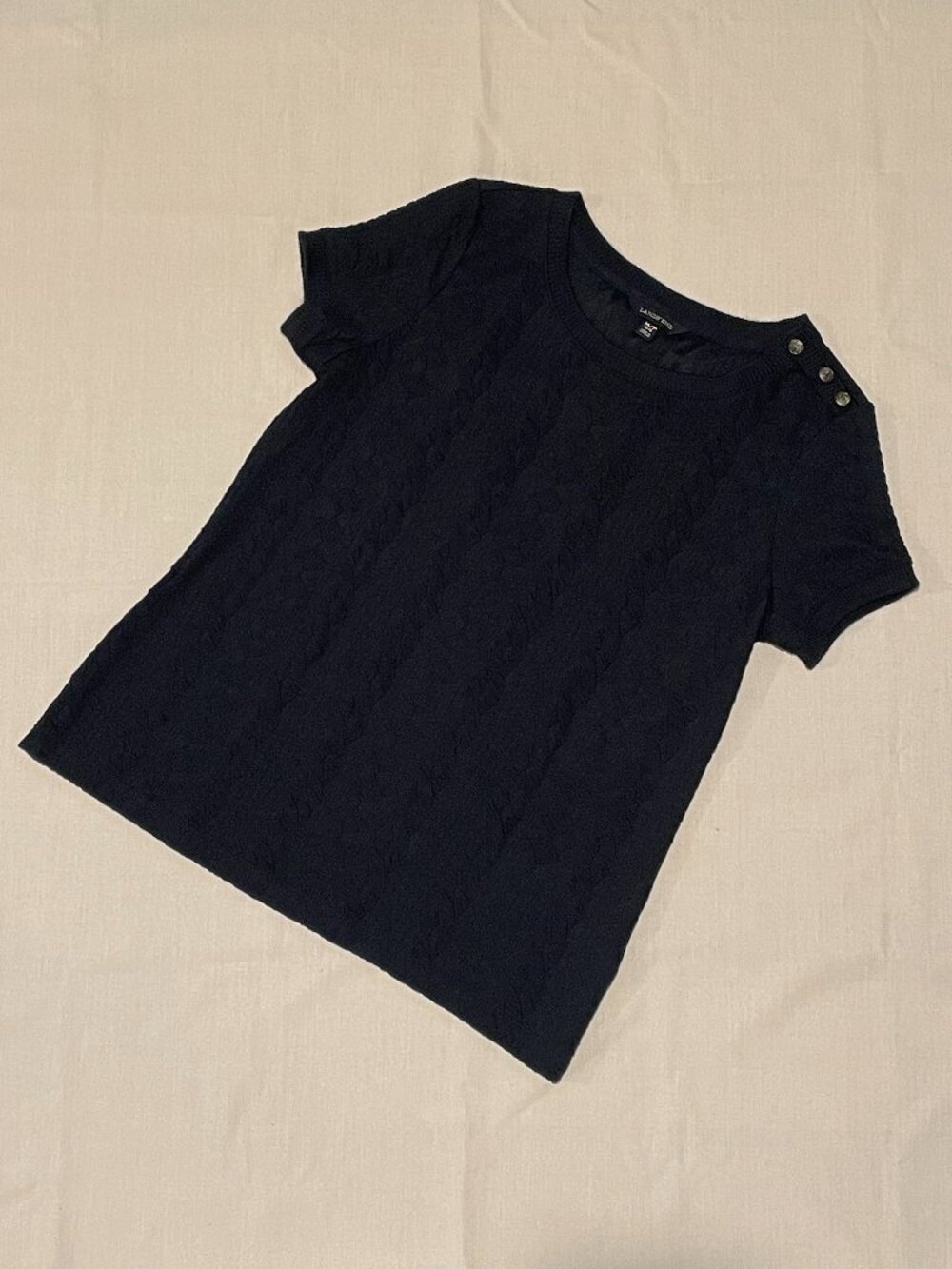 Land's End navy cableknit short sleeve petite crewneck stretch sweater